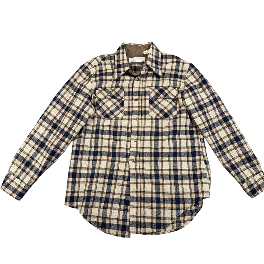 Vintage Traditional Wool Blend Plaid Flannel Shirt Mens Large Tan Navy Blue